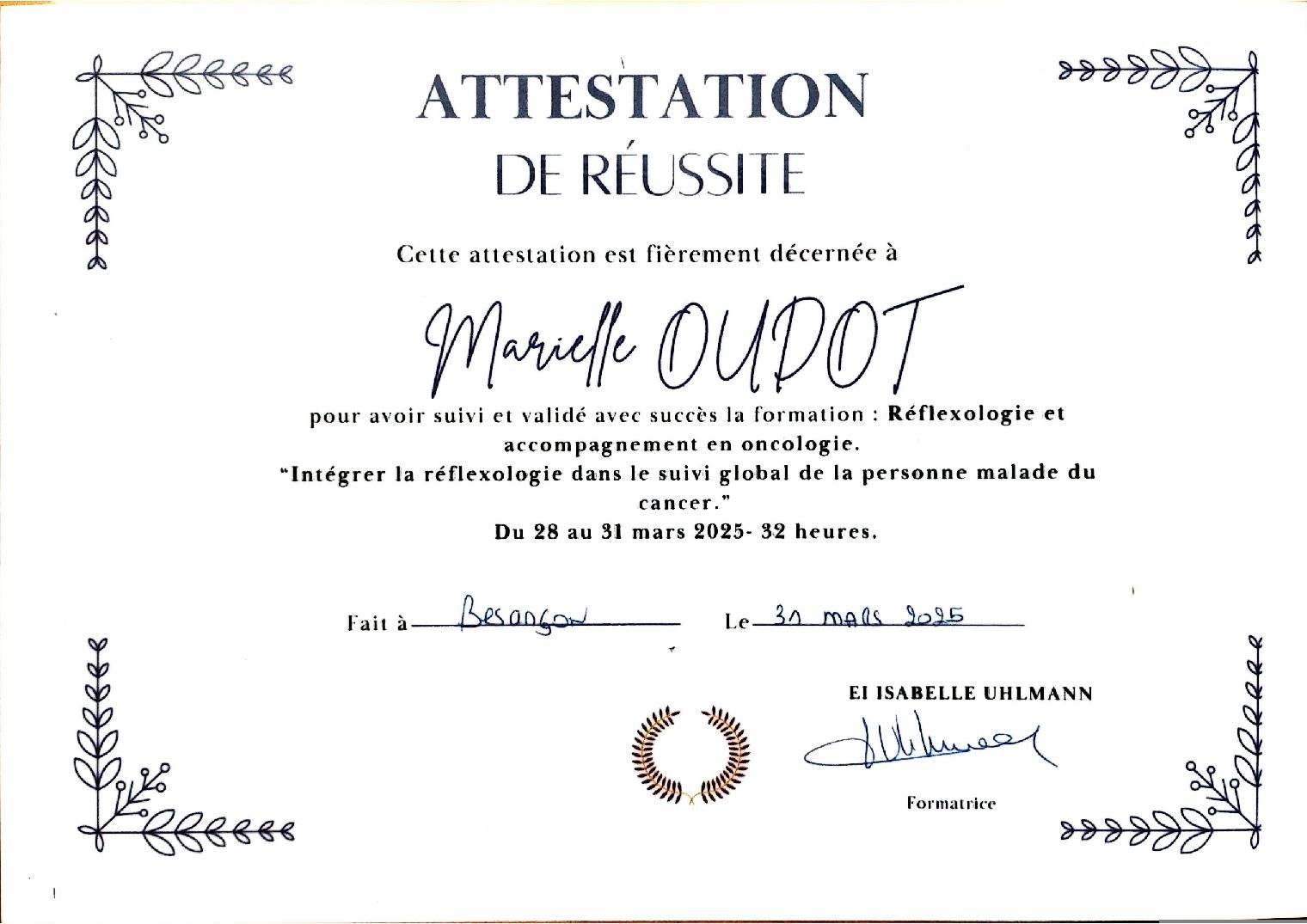 Attestation Formation Accompagnement en oncologie