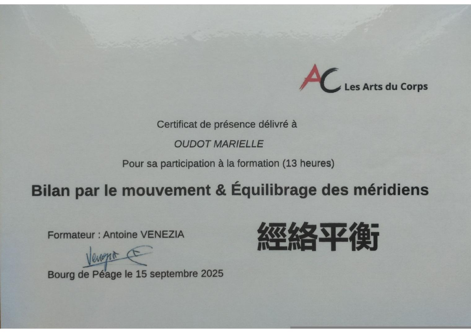 Certificat Bilan par le mouvement et Équilibrage des méridiens
