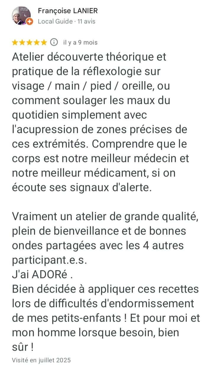 Avis Françoise LANIER — atelier réflexologie